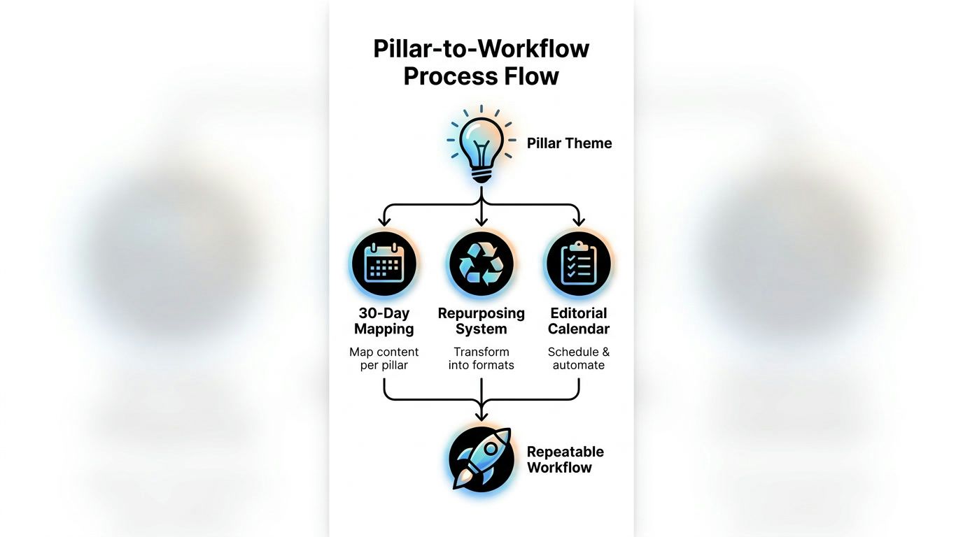 A process flow diagram showing how a pillar theme leads to a repeatable content workflow.