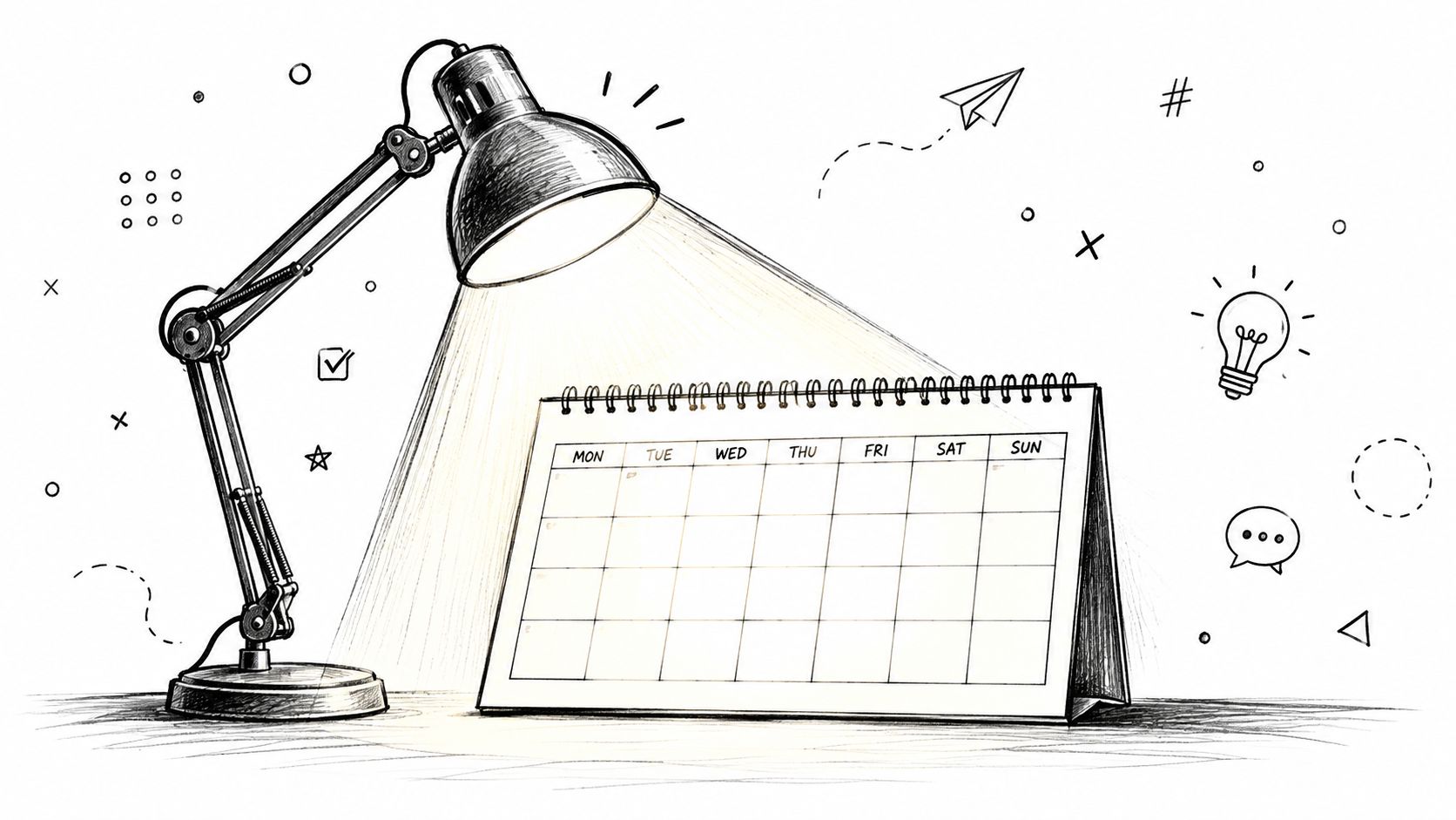 A sketched desk lamp illuminates an empty weekly calendar template on a clean white background.