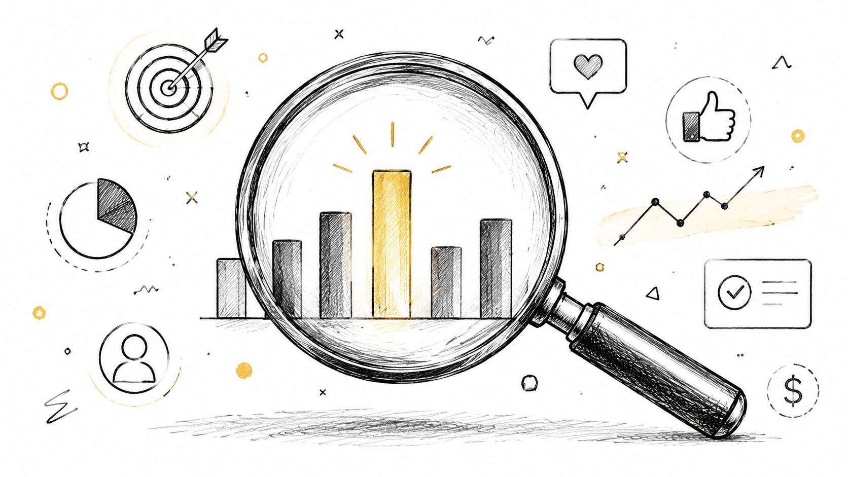 A magnifying glass focusing on a highlighted golden bar graph surrounded by various marketing and analytics icons.