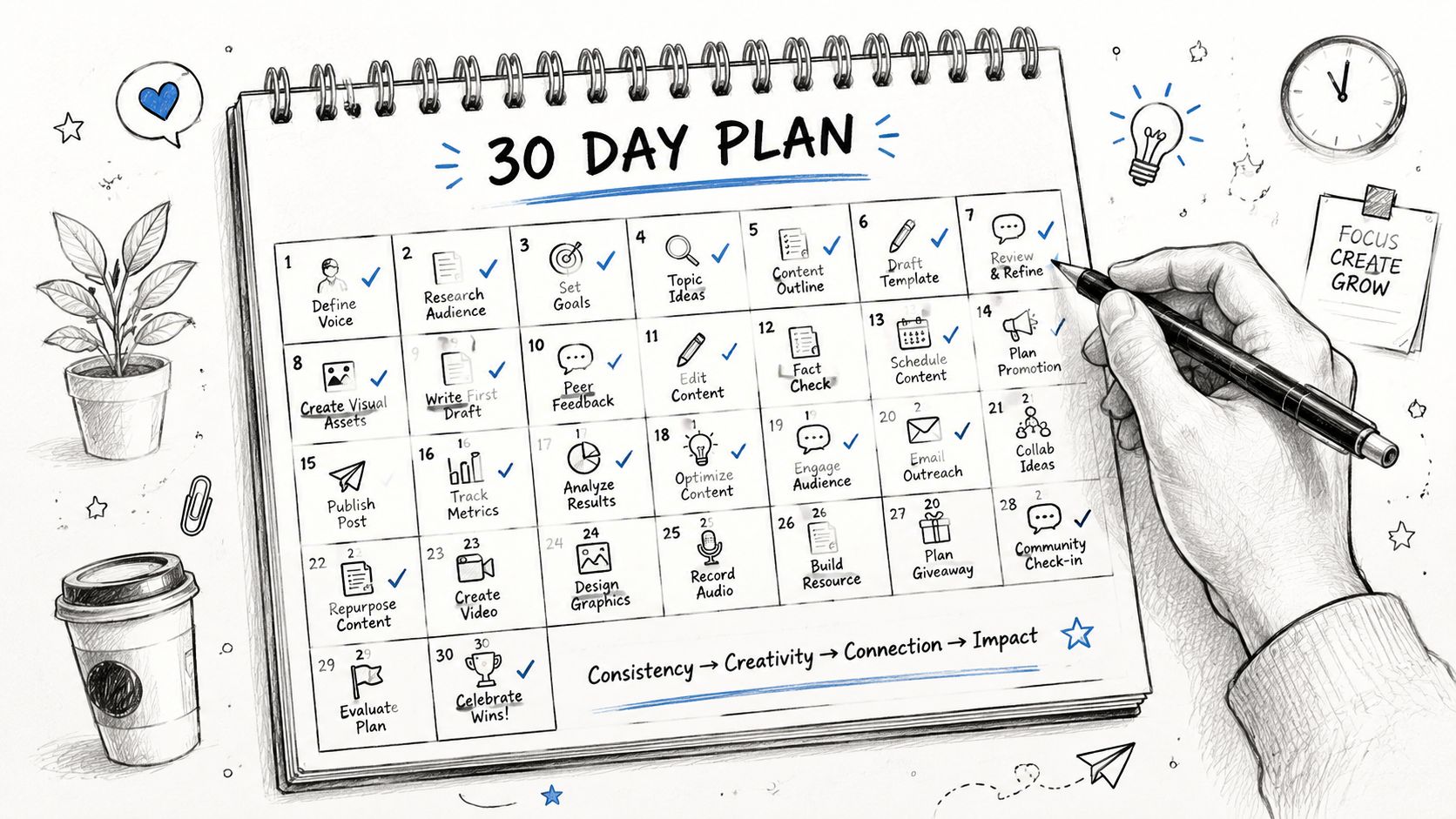 A hand filling out a 30-day business strategy plan on a spiral bound calendar with icons.