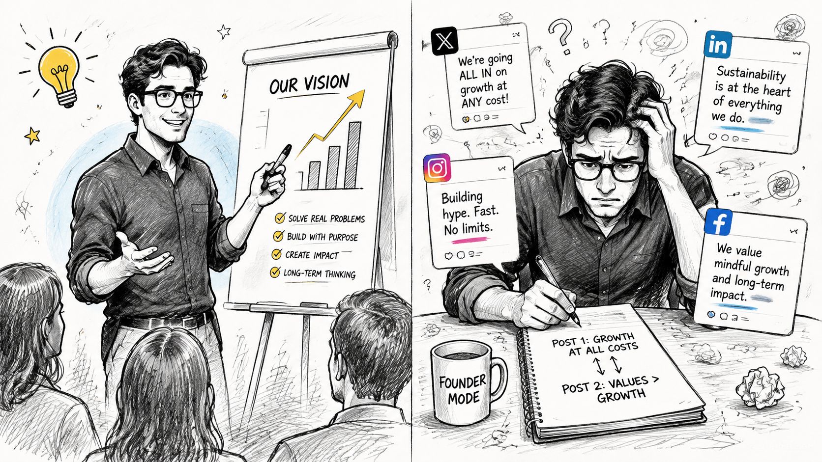 A split image showing a confident leader presenting a vision versus a stressed founder struggling with inconsistent branding.