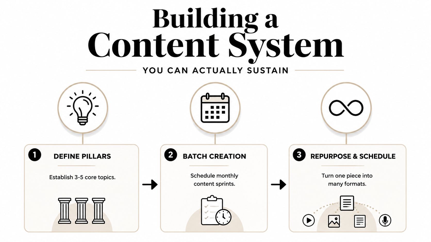 An infographic showing a three-step content strategy system to sustain a brand effectively.