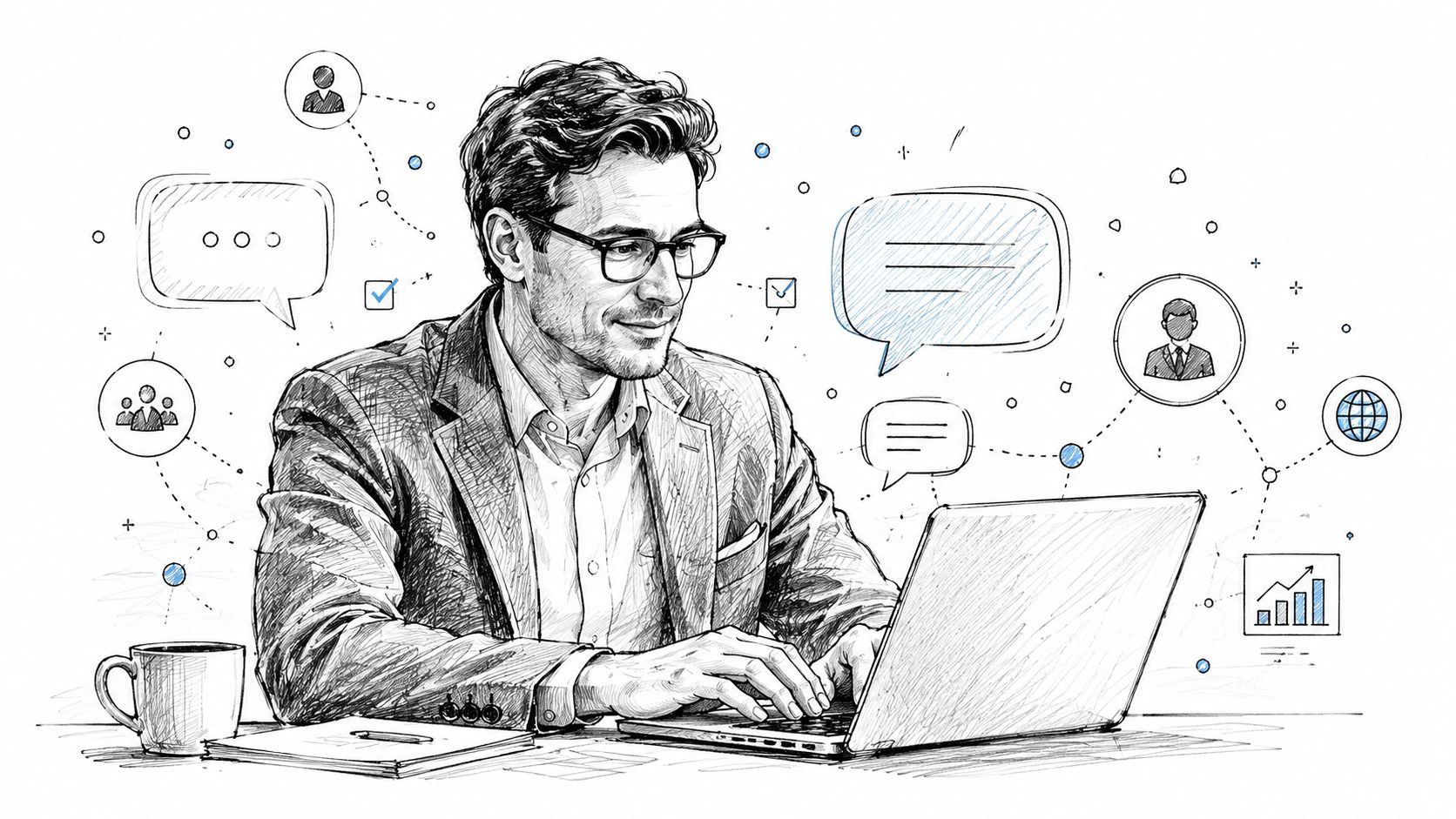 A professional man in a suit typing on a laptop surrounded by digital business communication icons.