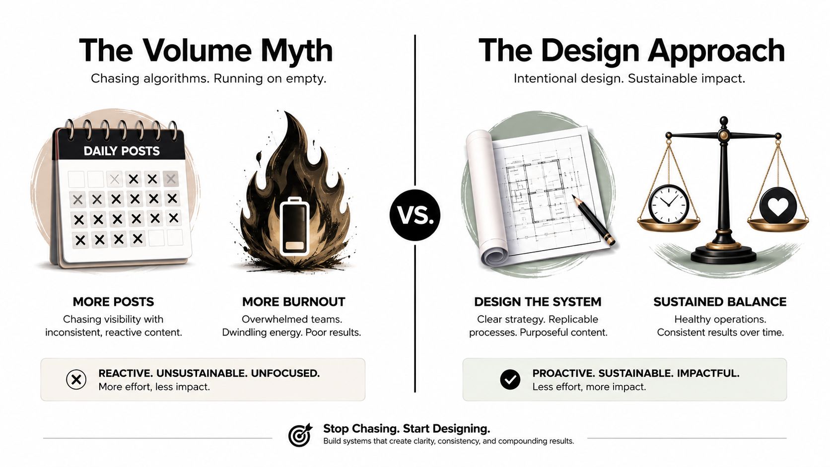 A comparative graphic showing the difference between volume-based content creation and a strategic design-led approach.