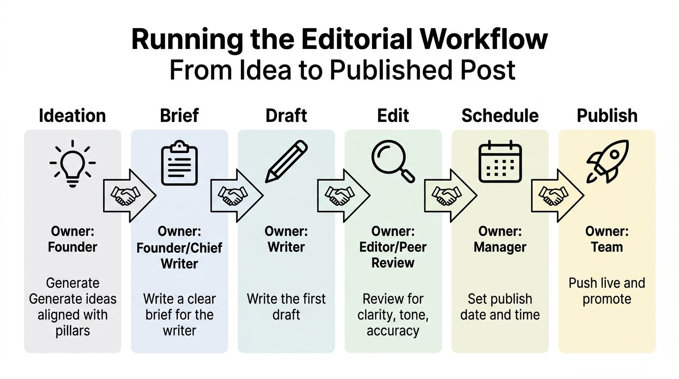 A diagram illustrating the editorial workflow steps from ideation to publishing a piece of content.
