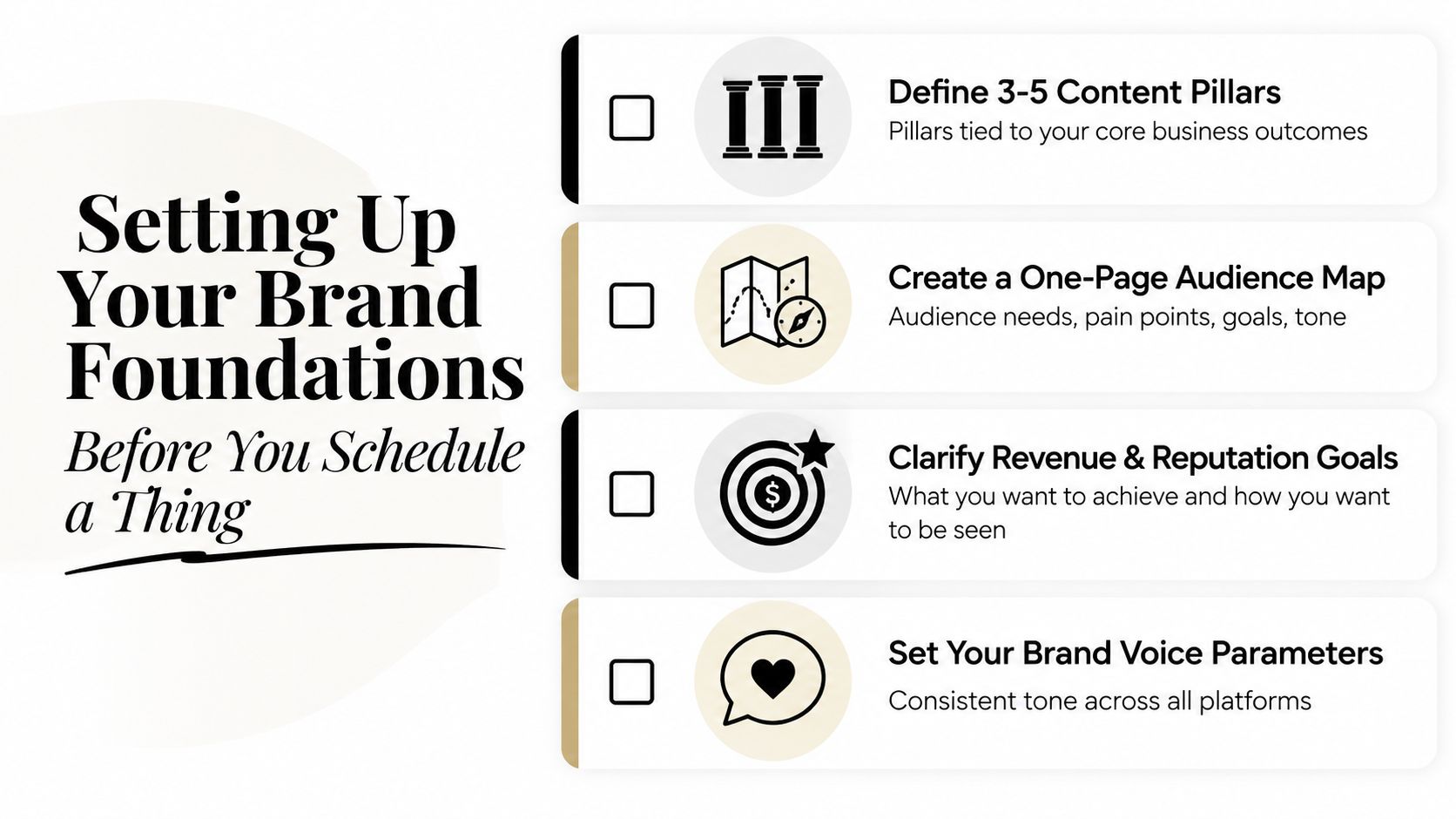 A checklist for setting up brand foundations including content pillars, audience maps, goals, and brand voice.