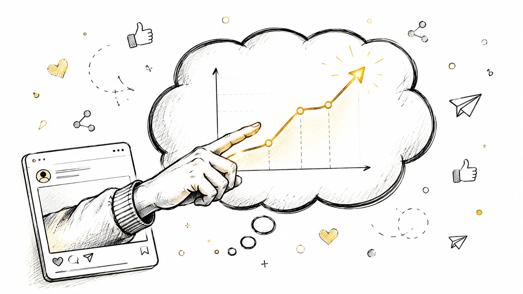 A hand emerging from a social media interface pointing toward an upward trending growth chart illustration.