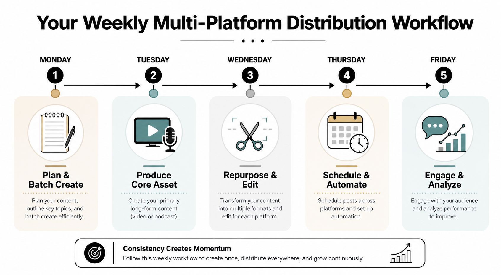 A diagram illustrating a five-day weekly workflow for multi-platform content distribution from planning to performance analysis.