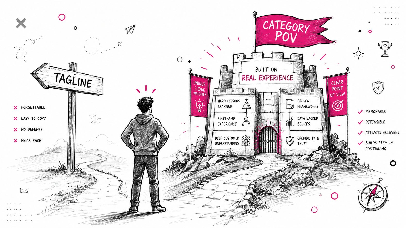 A hand-drawn illustration showing a person choosing between a generic tagline path and a strategic category point of view castle.