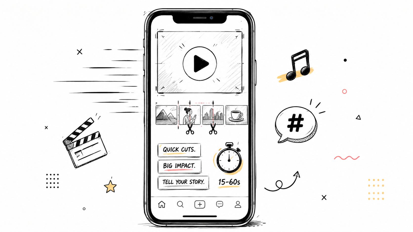 A hand-drawn illustration of a smartphone app interface featuring video editing tools, timeline clips, and creative icons.
