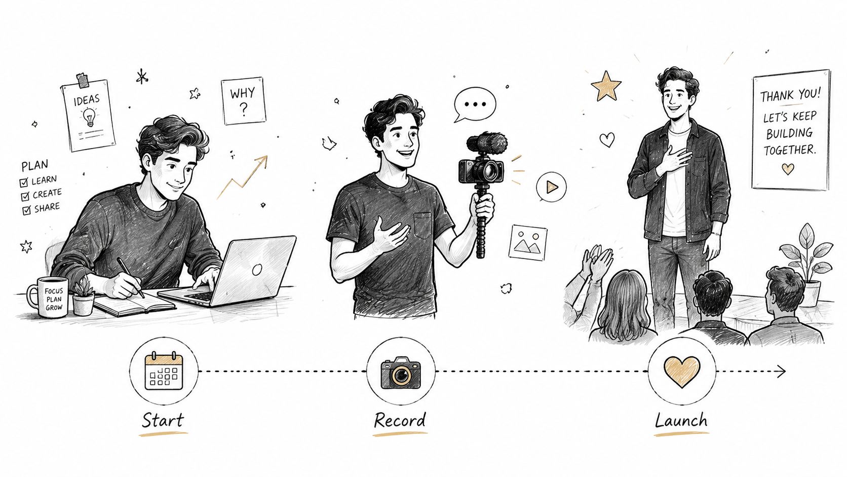 A three-step illustration showing a creator planning, recording video with a camera, and presenting to an audience.
