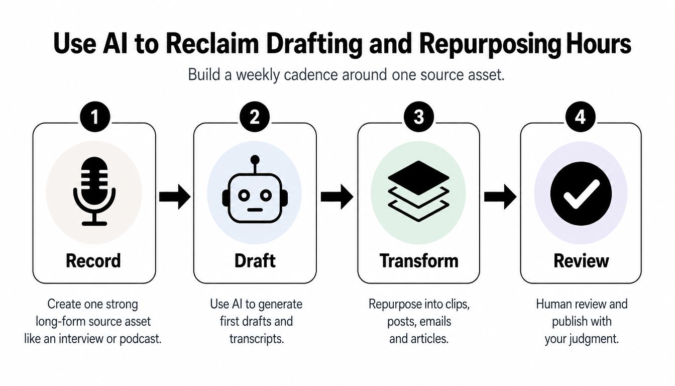 A four-step diagram showing a workflow to use AI for content creation, drafting, and repurposing tasks.