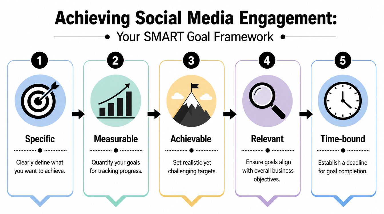 A five-step infographic explaining the SMART goal framework for achieving social media engagement in business strategies.