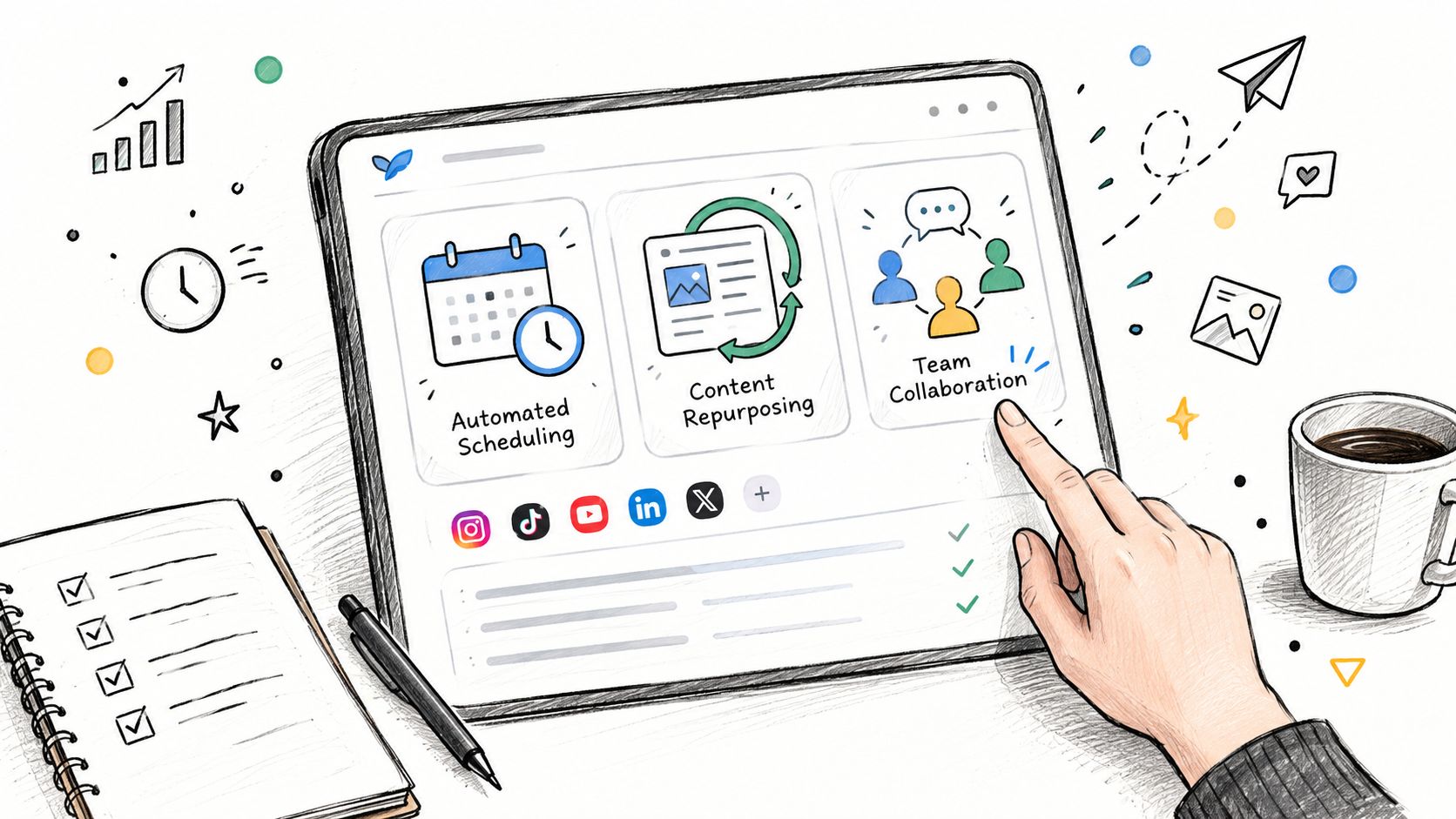 A hand touches a screen displaying social media management features including automated scheduling and team collaboration.