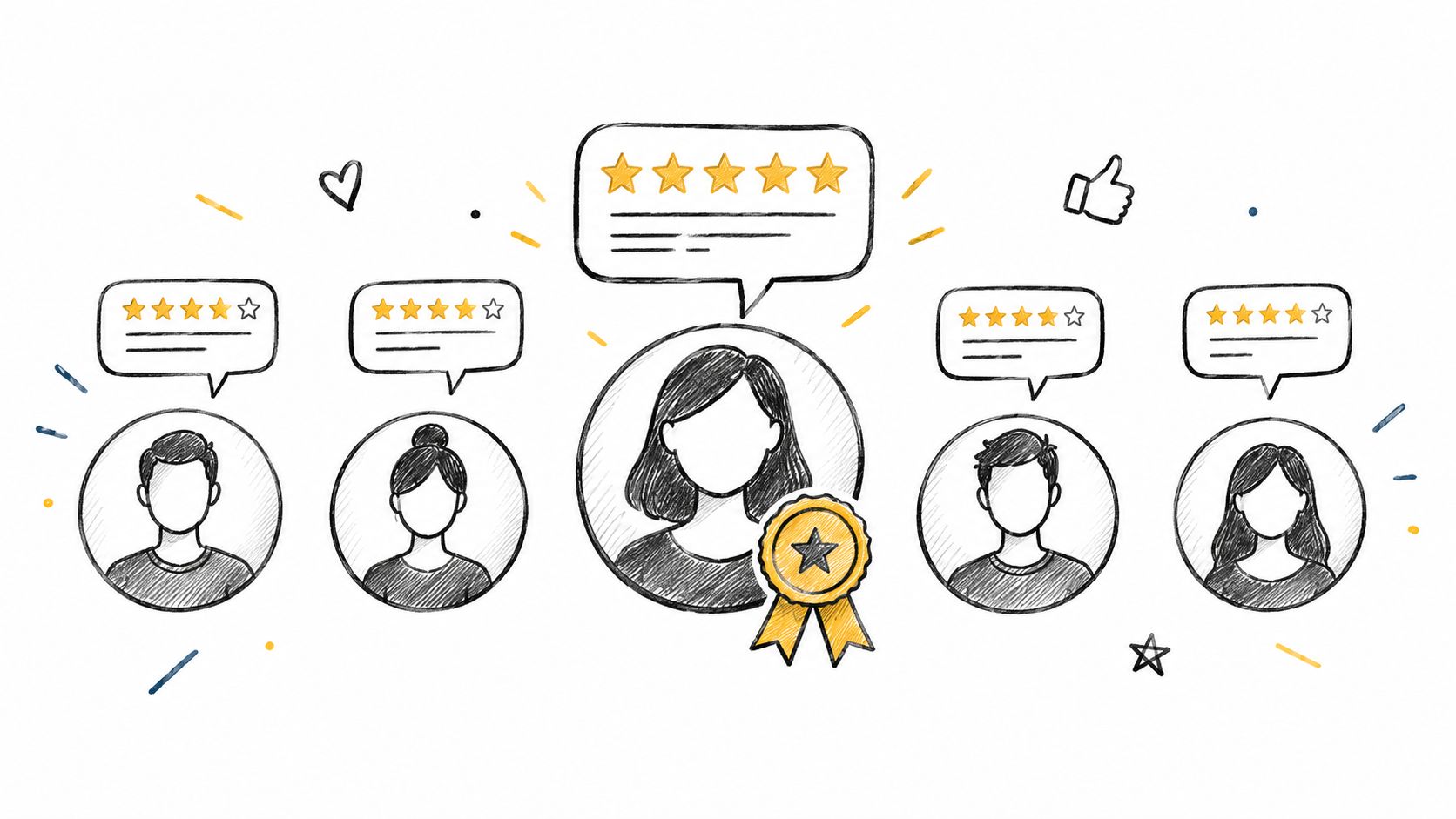 Hand-drawn illustration of diverse people with five-star customer feedback speech bubbles and a gold reward badge.