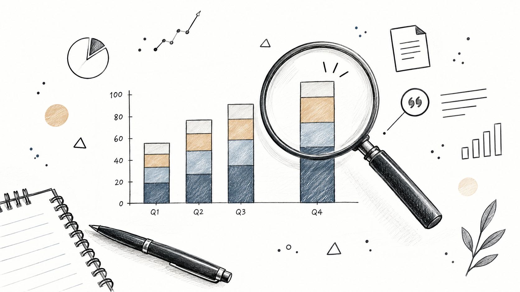A hand-drawn illustration showing a bar chart being examined with a magnifying glass near a notebook.