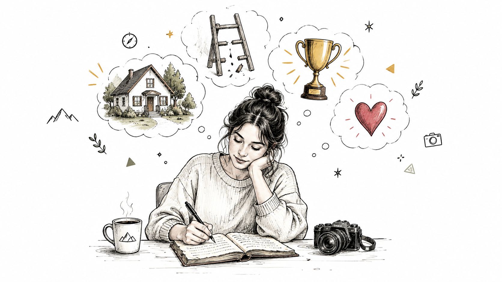 An artistic sketch of a young woman writing in a journal surrounded by her dreams and thoughts.