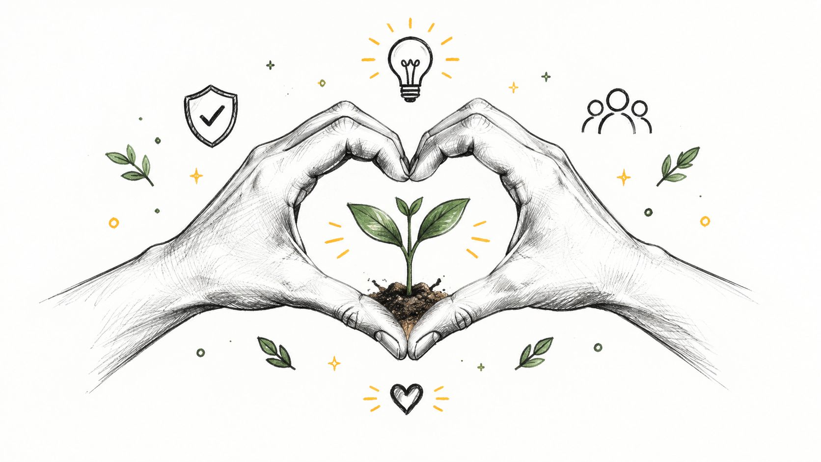 A pencil sketch of hands forming a heart shape around a small green plant sprout.