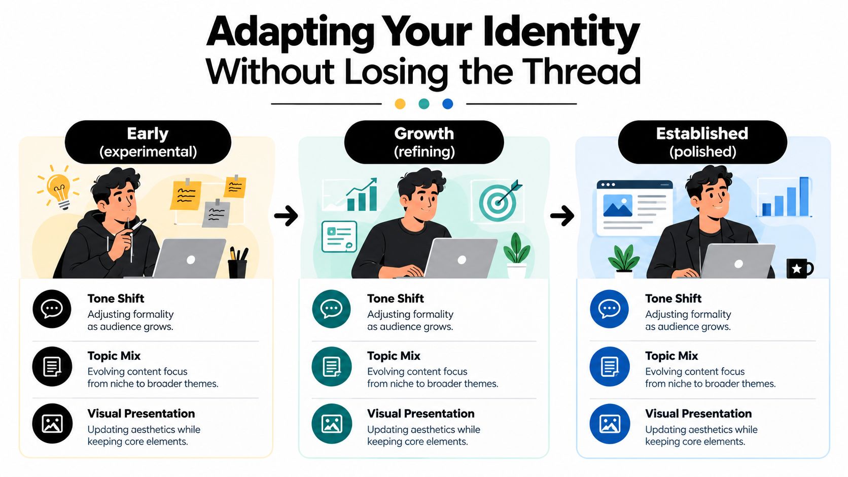 A diagram illustrating the three stages of evolving a personal brand identity: early, growth, and established.
