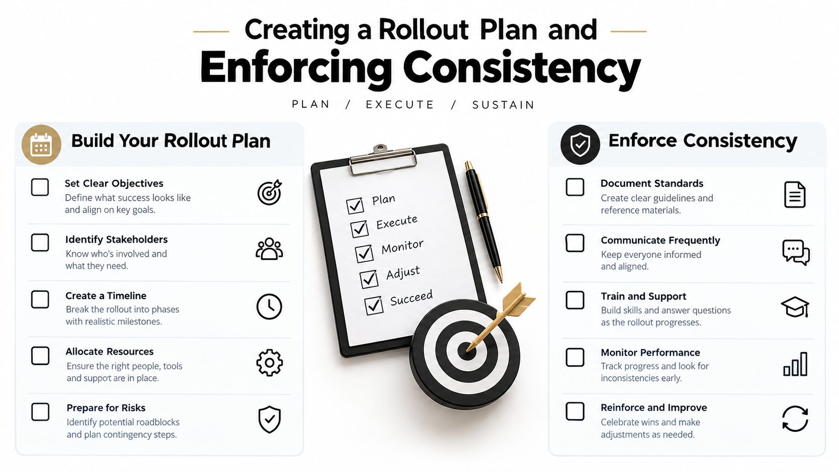 An infographic illustrating a business rollout plan with sections for building a strategy and enforcing consistency.