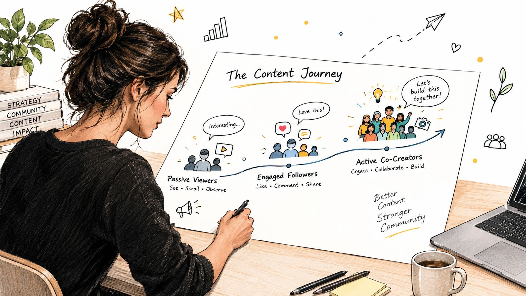A woman sketching a diagram of The Content Journey showing the progression from passive viewers to co-creators.