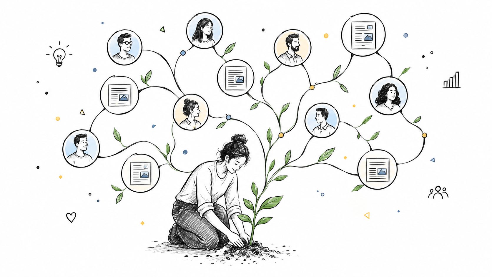 An illustration of a woman planting a growing tree represented by a network of people and documents.