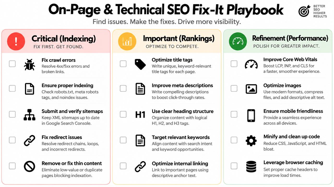 A checklist infographic titled On-Page and Technical SEO Fix-It Playbook for optimizing website search visibility.