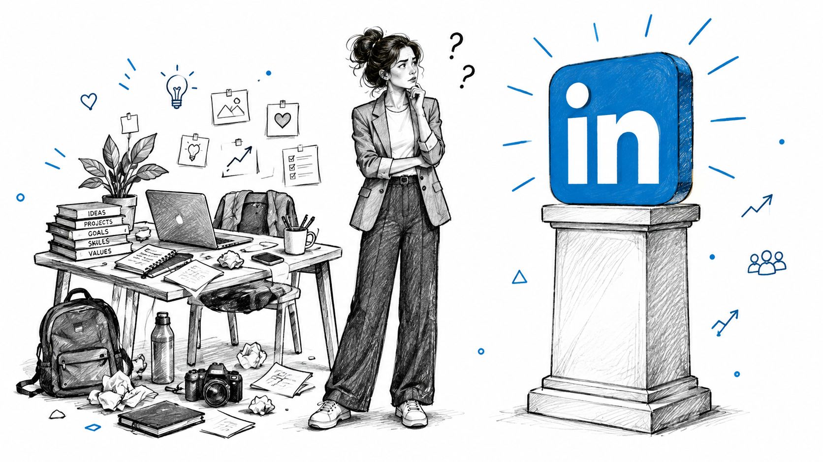 A professional woman pondering her personal brand management strategy while standing next to a LinkedIn logo icon.