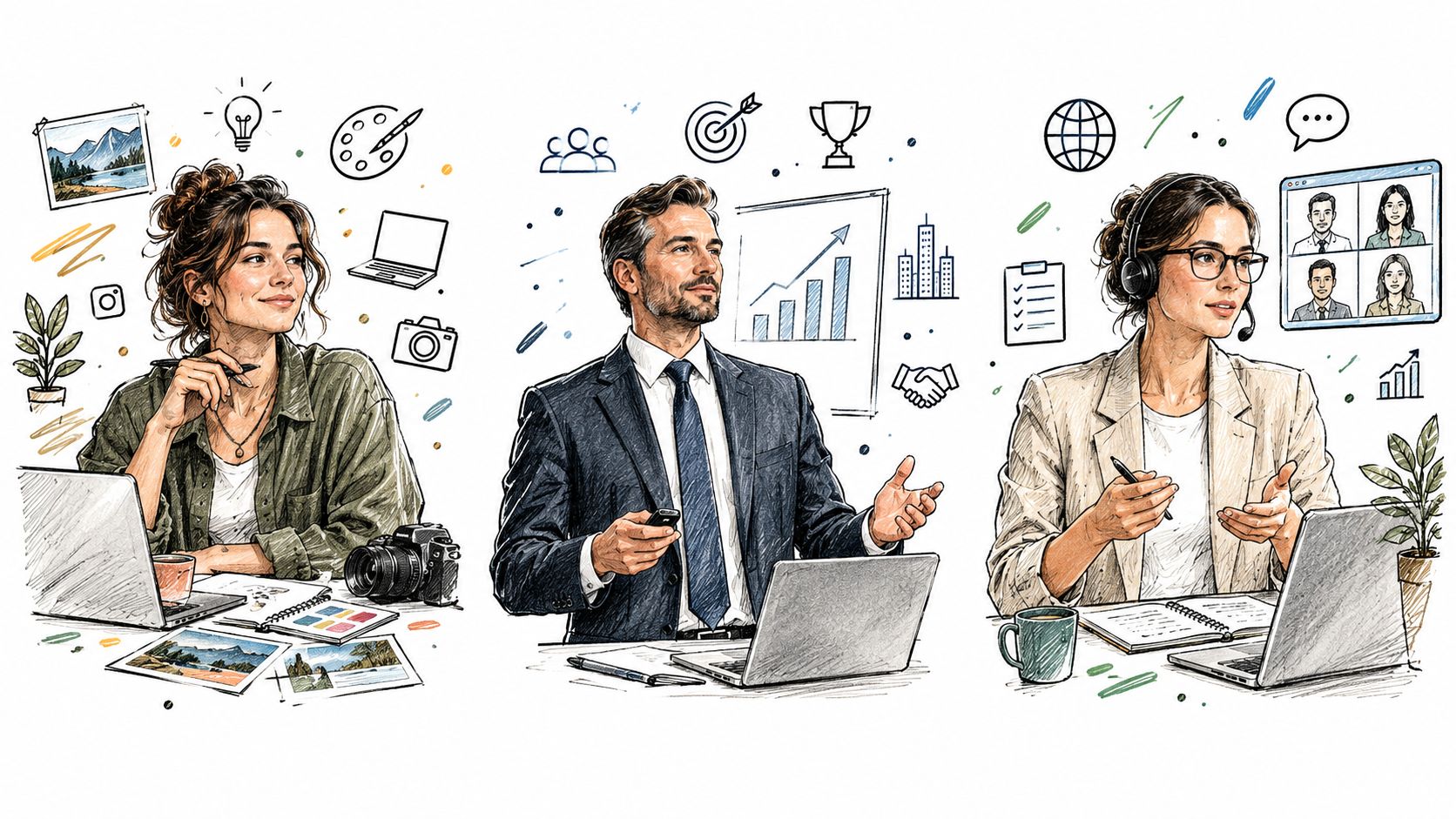 A digital illustration showing three professionals engaged in creative, corporate, and remote communication tasks at their desks.