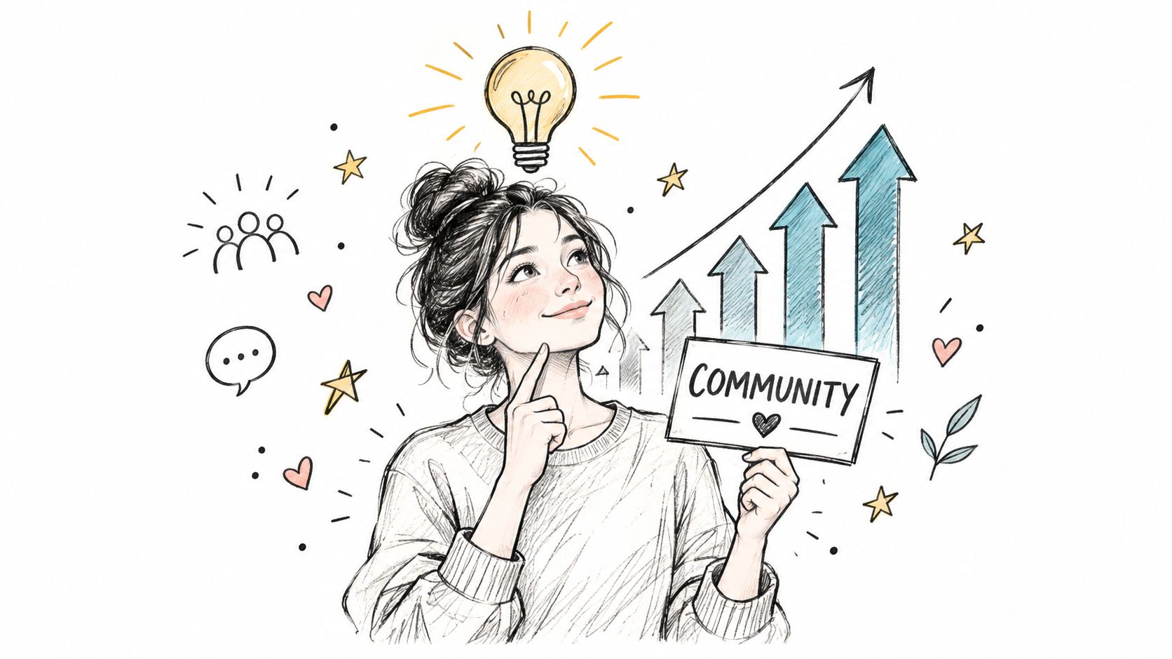 A young woman thoughtfully looking at a lightbulb icon while holding a sign that says community