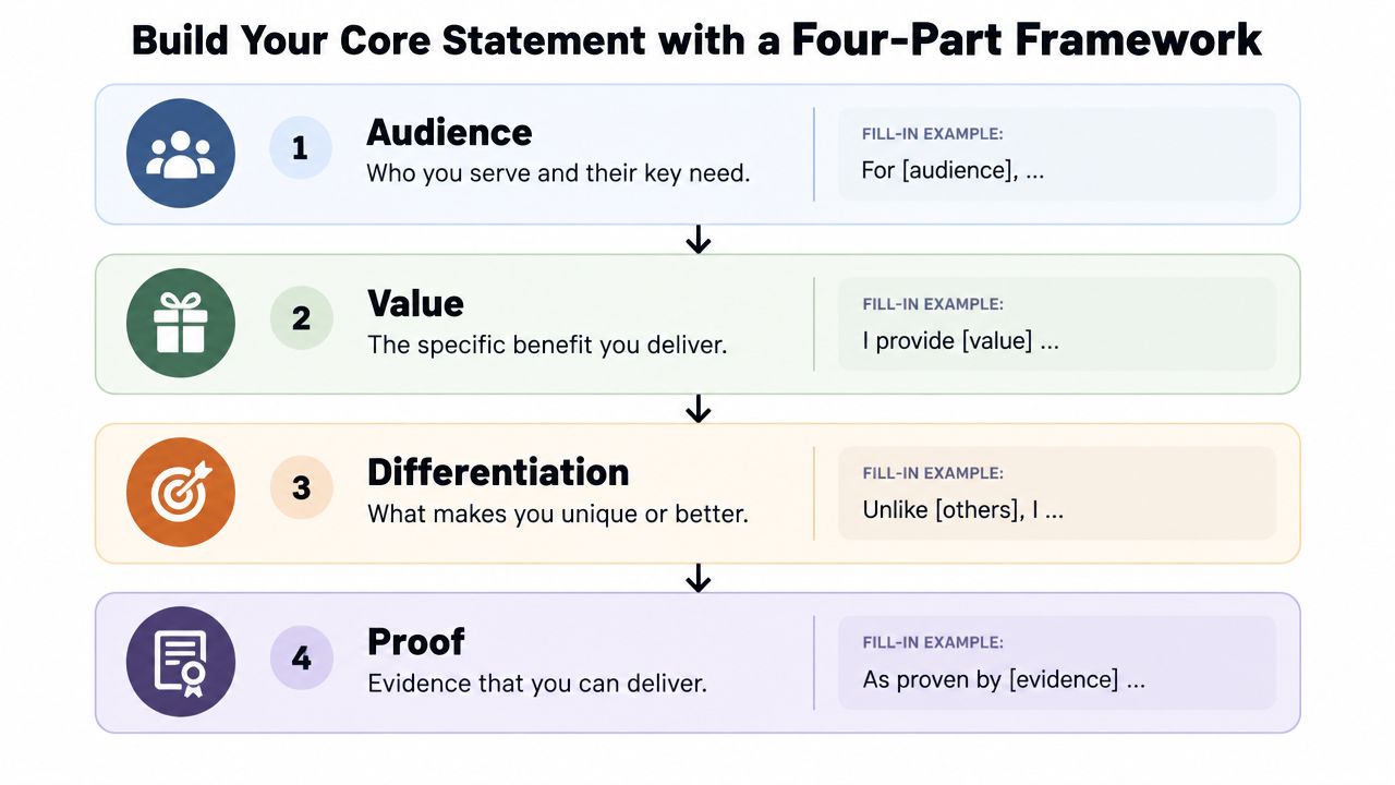 A four-part infographic illustrating a framework for building a core personal value proposition statement.