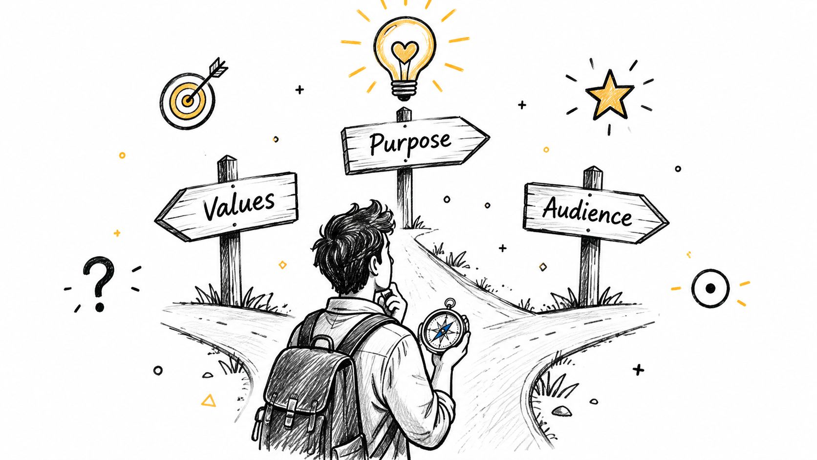 A person with a backpack and compass standing at a crossroads choosing between values, purpose, and audience.