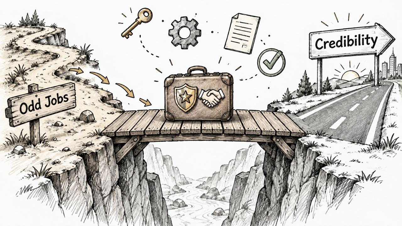 A bridge connects a path labeled Odd Jobs to a road for Credibility with professional icons.