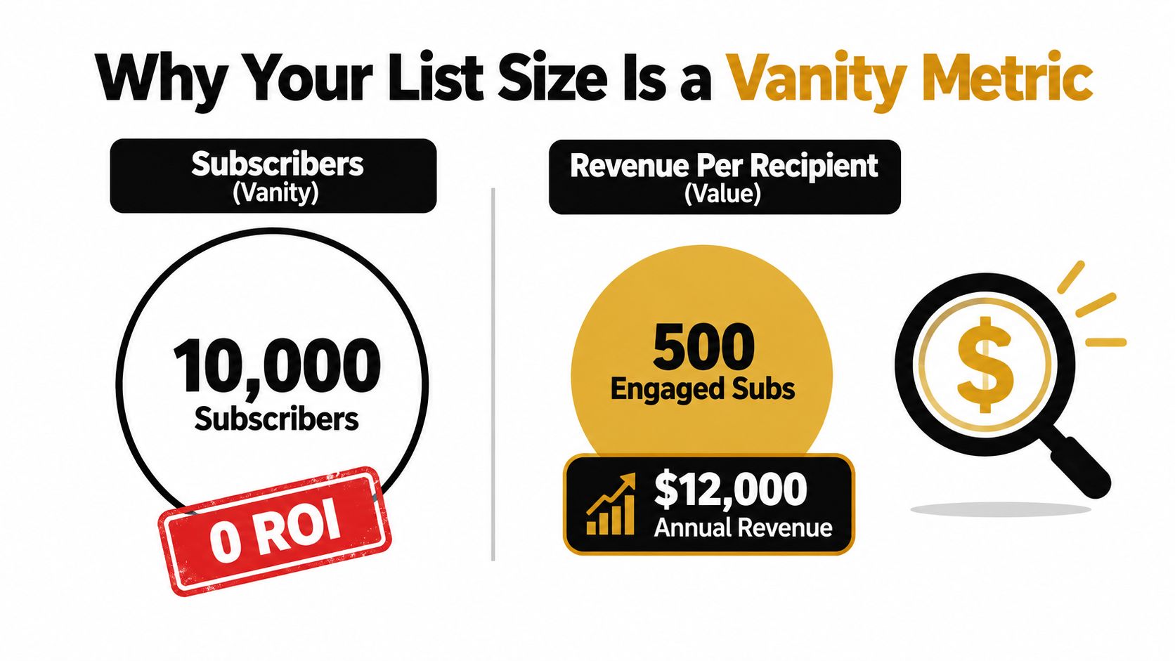 An infographic comparing subscriber count as a vanity metric versus revenue per recipient as a value metric.