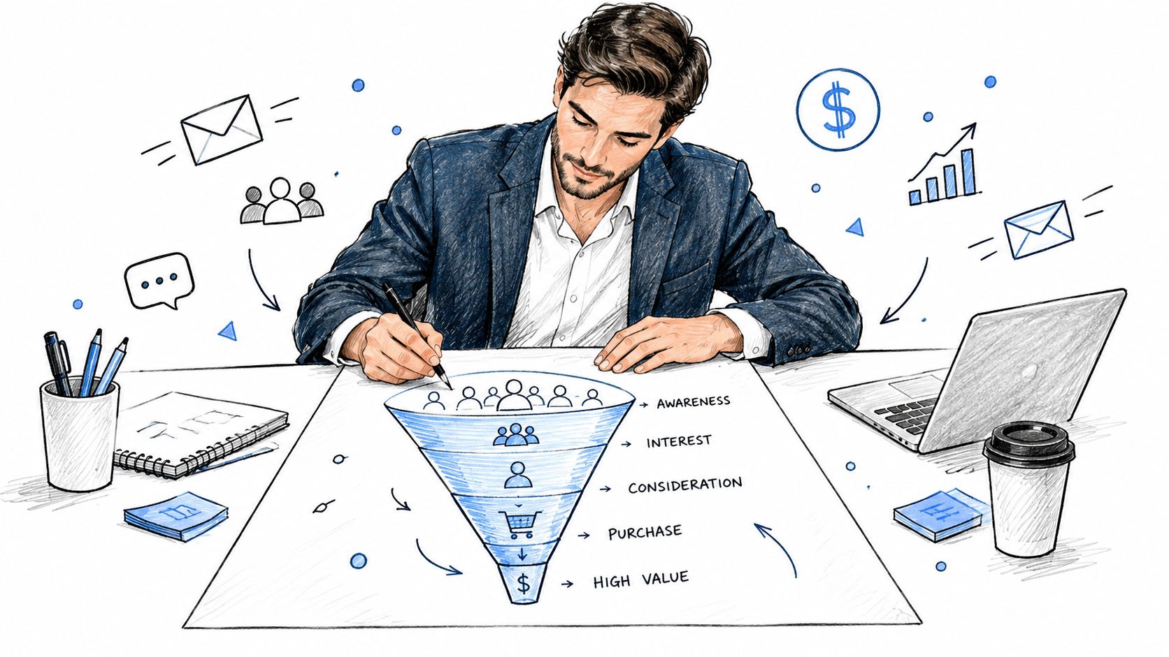 A professional man drawing a marketing sales funnel diagram on a desk with digital icons around him.