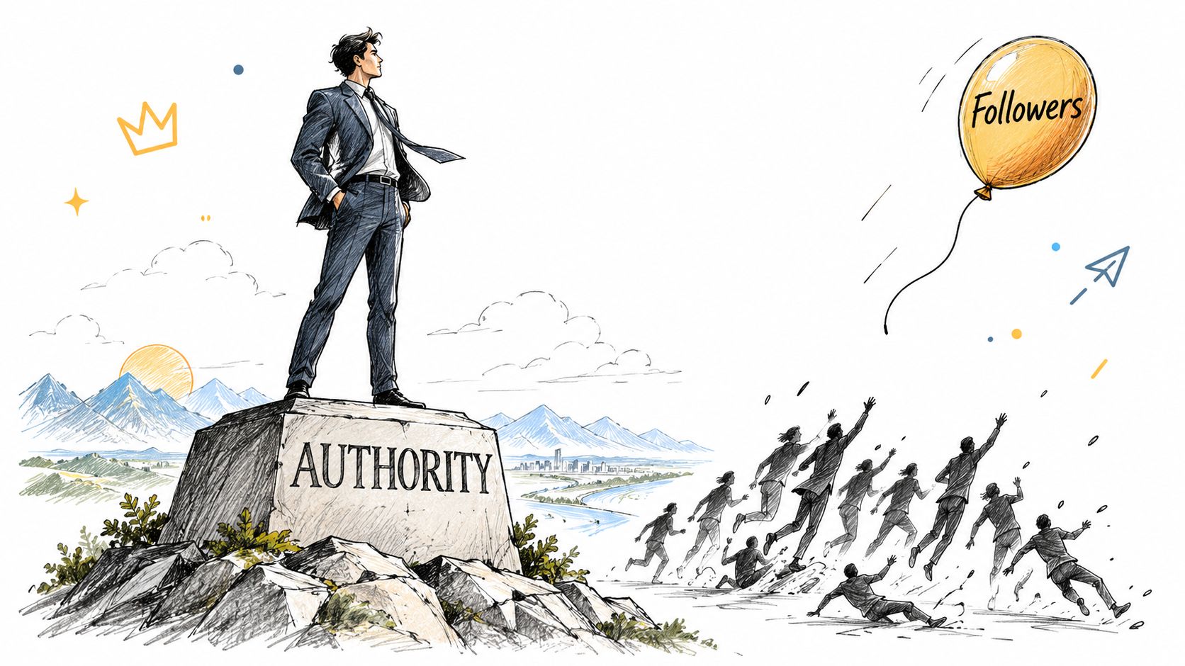 A professional man standing on an authority block with a balloon labeled followers drifting away.