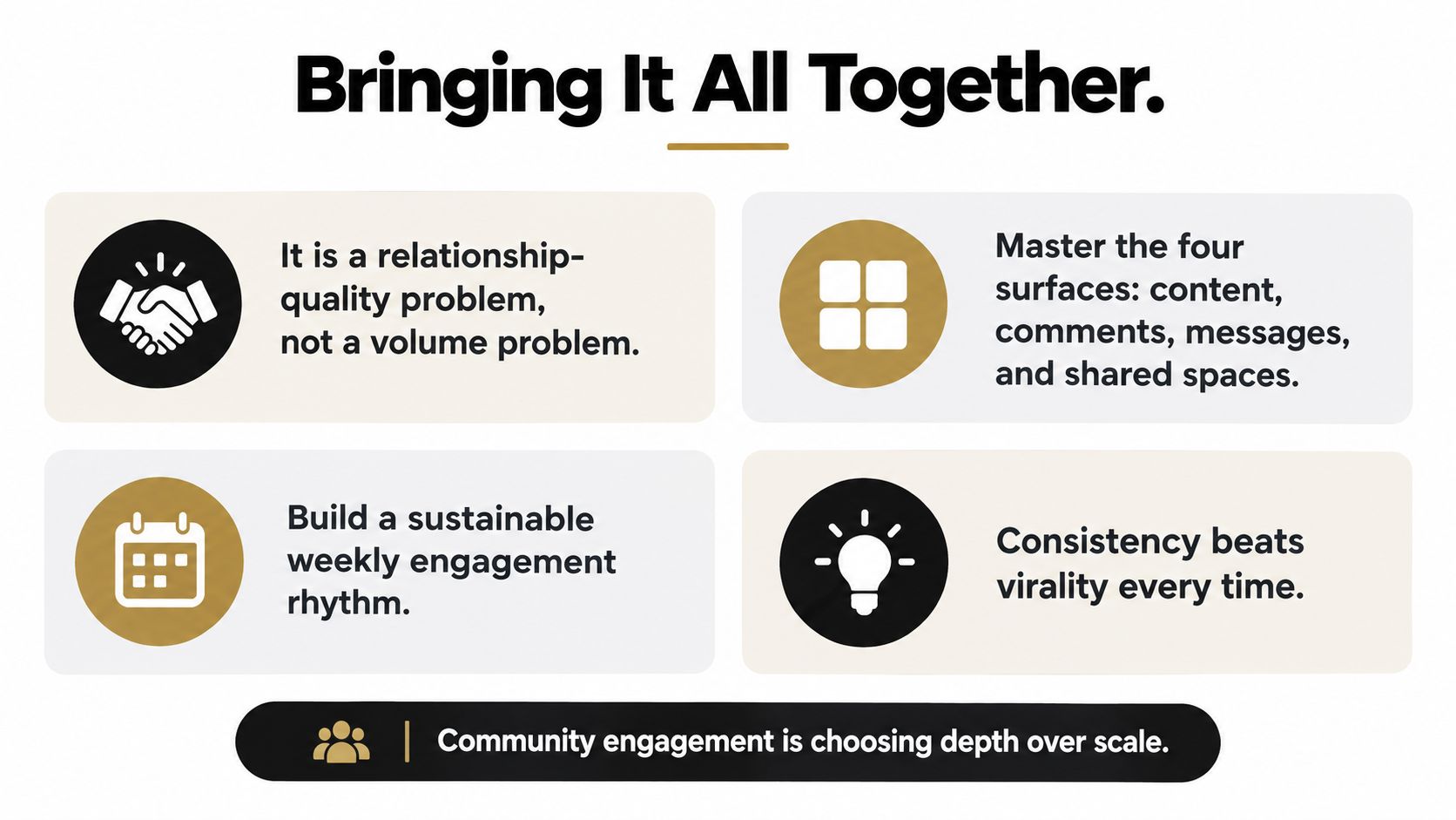 A graphic slide titled Bringing It All Together summarizing four key principles of effective community engagement strategies.