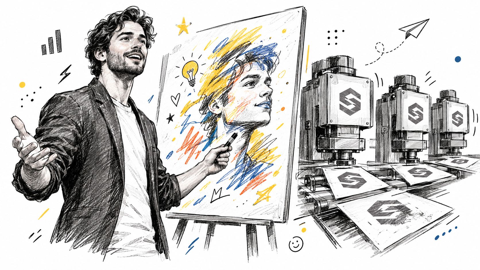 A professional man presenting a creative portrait drawing next to automated industrial machines producing branded merchandise.