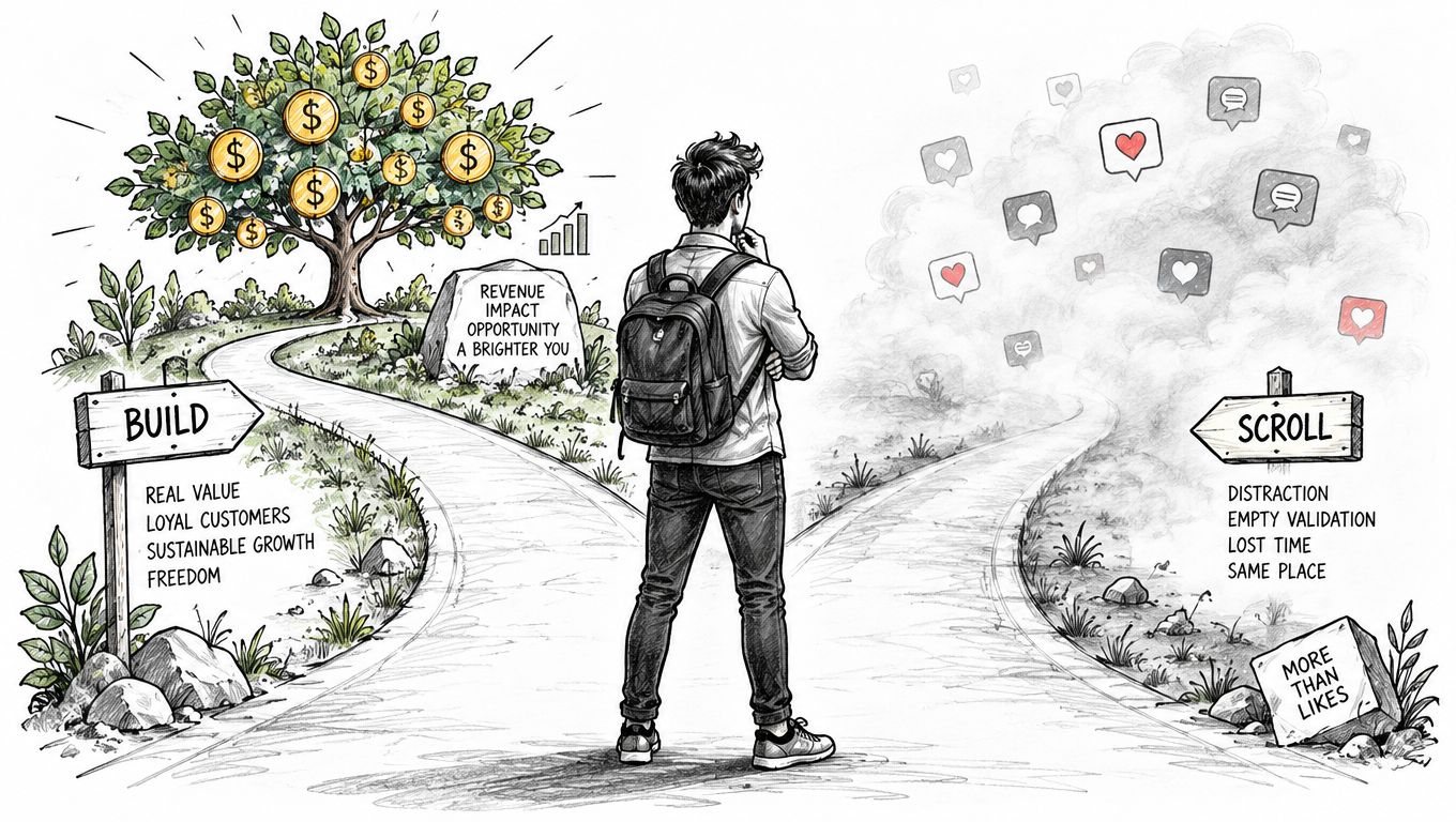 A person standing at a fork in the road choosing between building a business or scrolling social media.