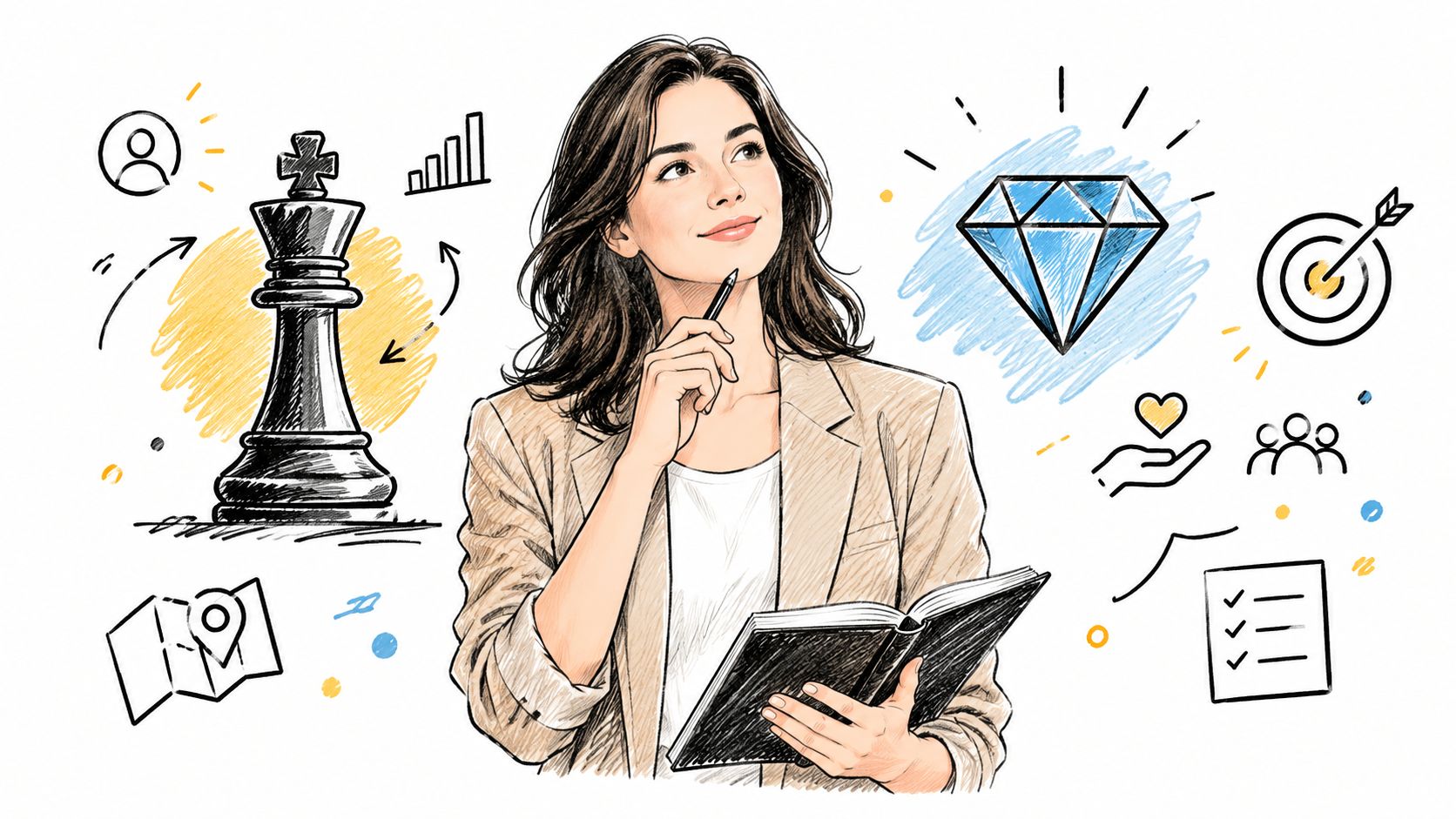 A professional woman thinking with a notebook, surrounded by business icons representing strategy and success.