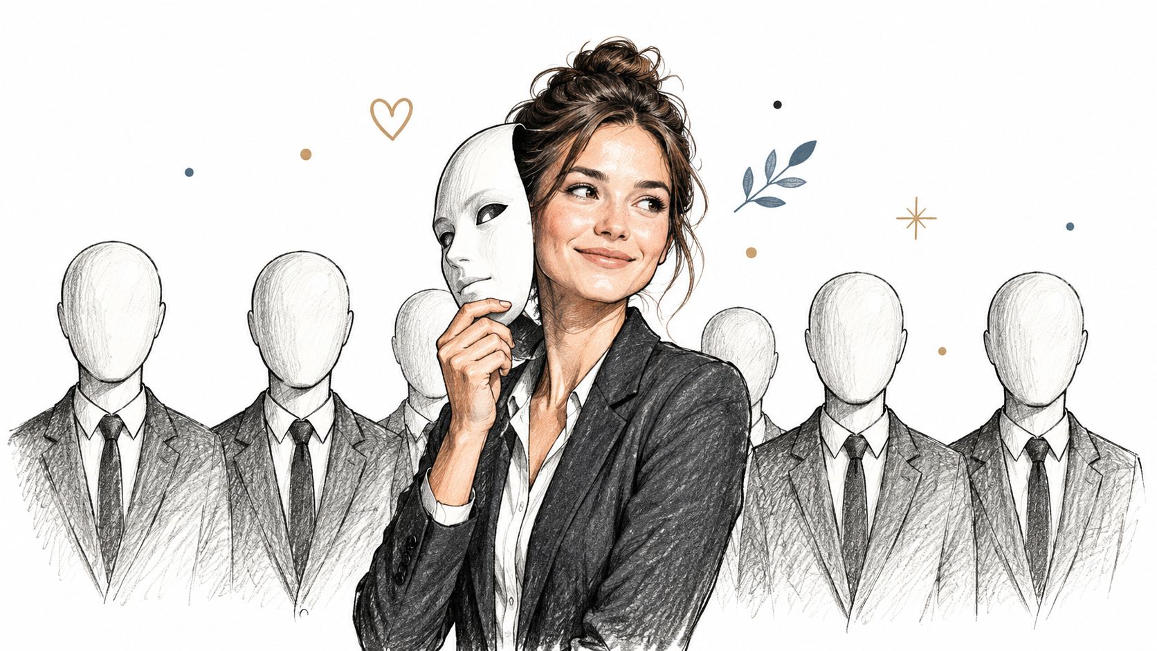 A professional woman holding a plain mask while standing in front of faceless people in suits.