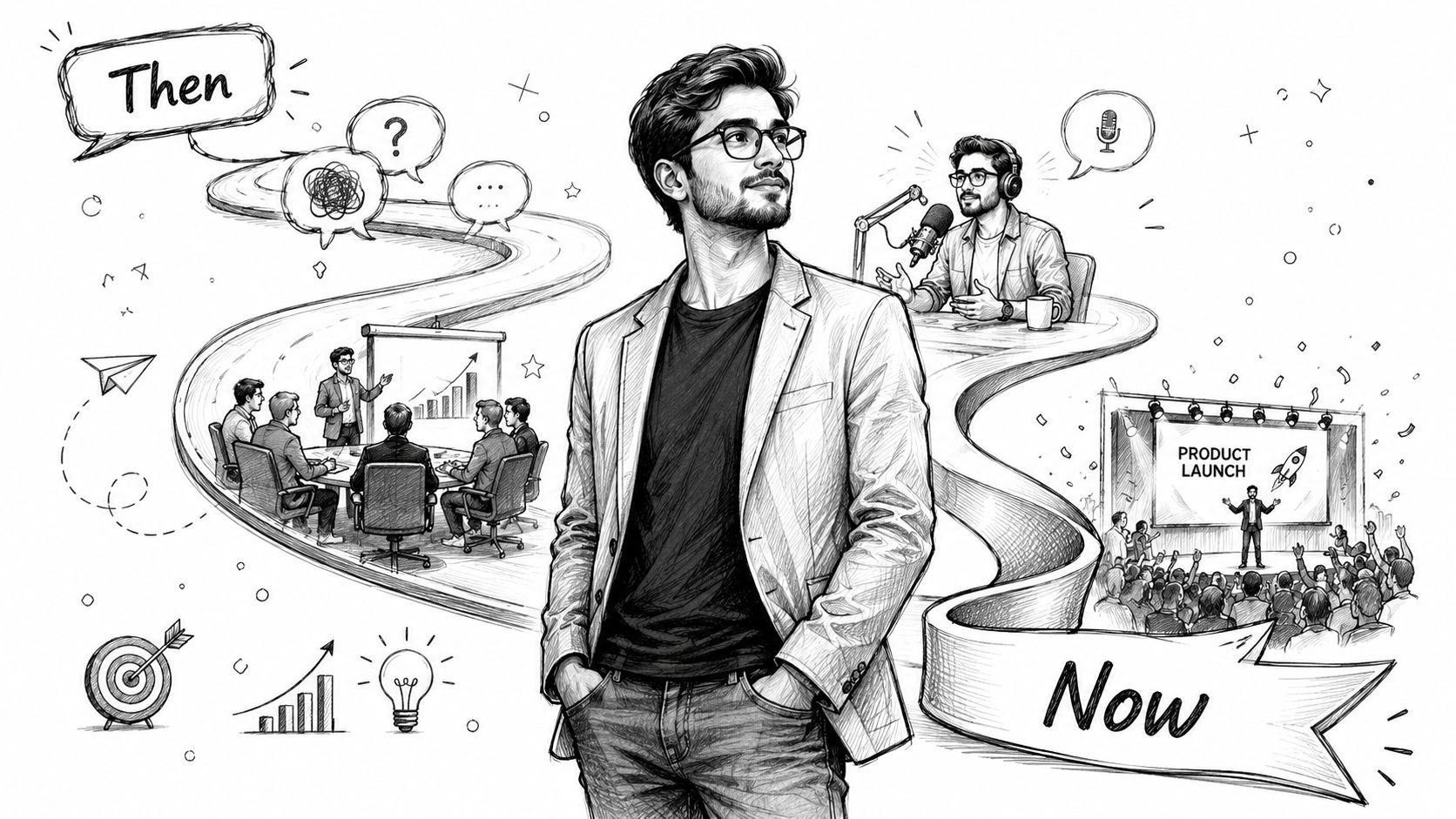 A pencil sketch illustration comparing a professional past in corporate meetings with a current life in podcasting and public speaking.