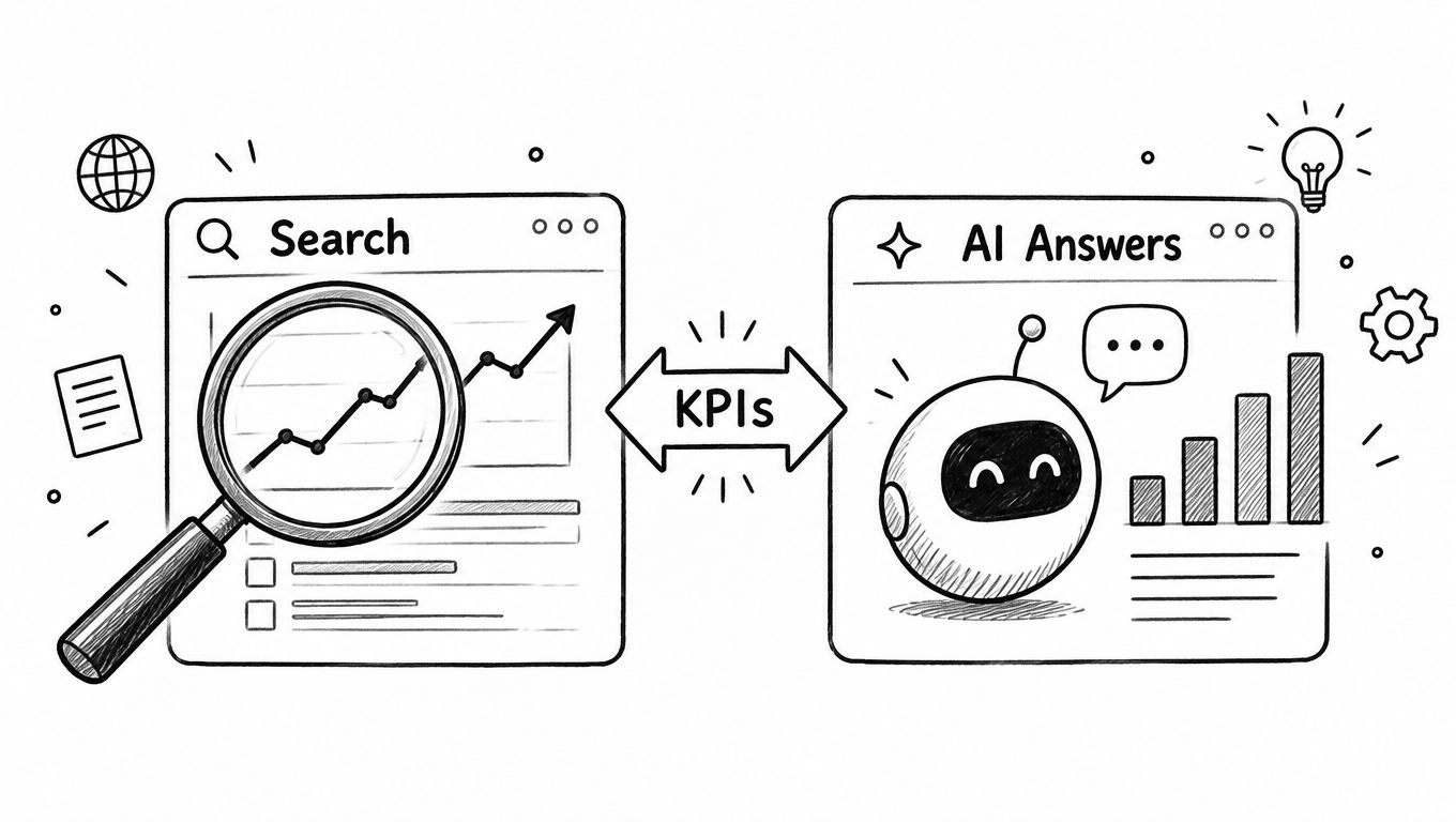 A hand-drawn illustration comparing search and AI answers with a central focus on key performance indicators.