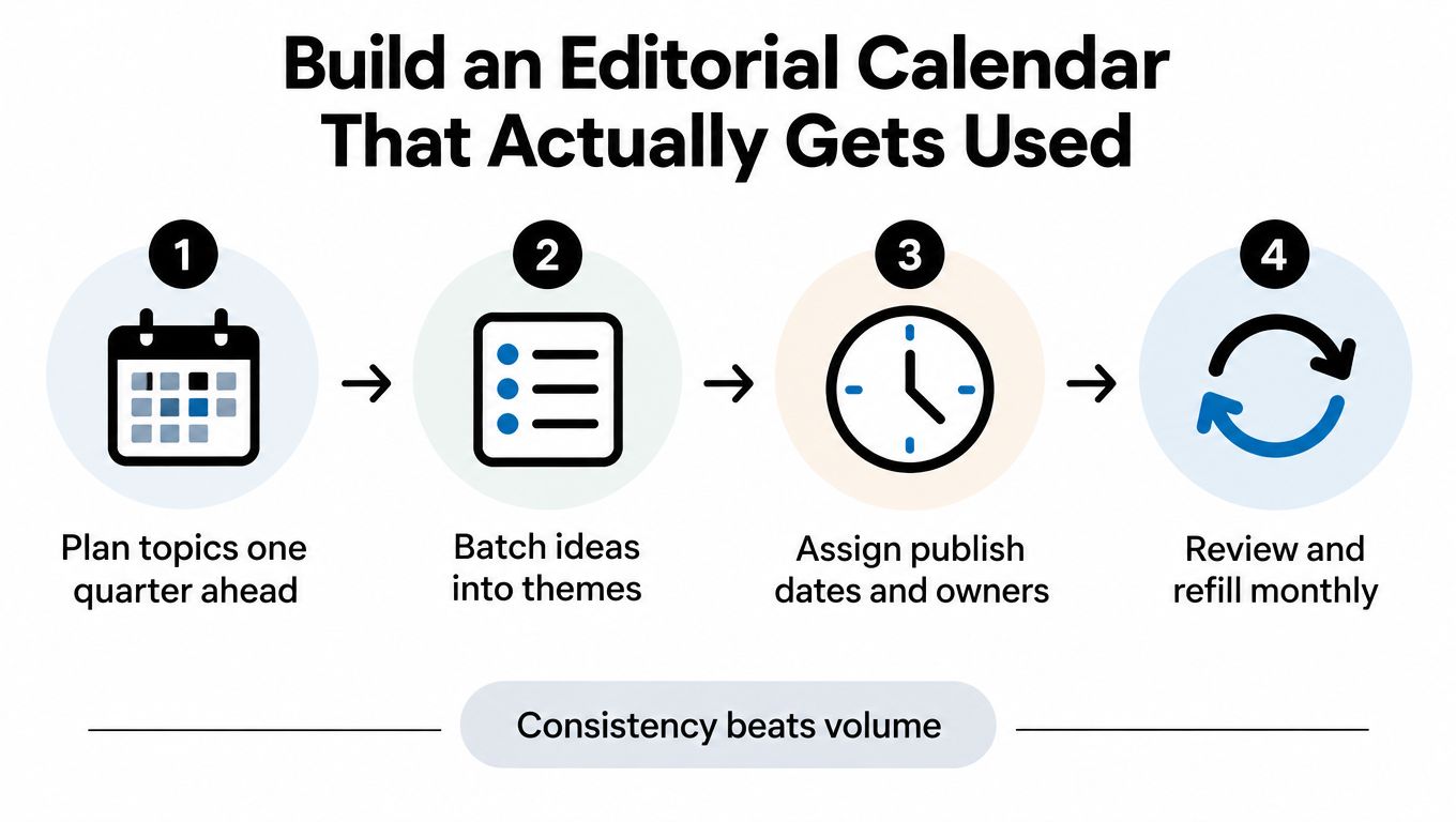 A four-step infographic illustrating a process to build an effective and sustainable editorial content calendar.