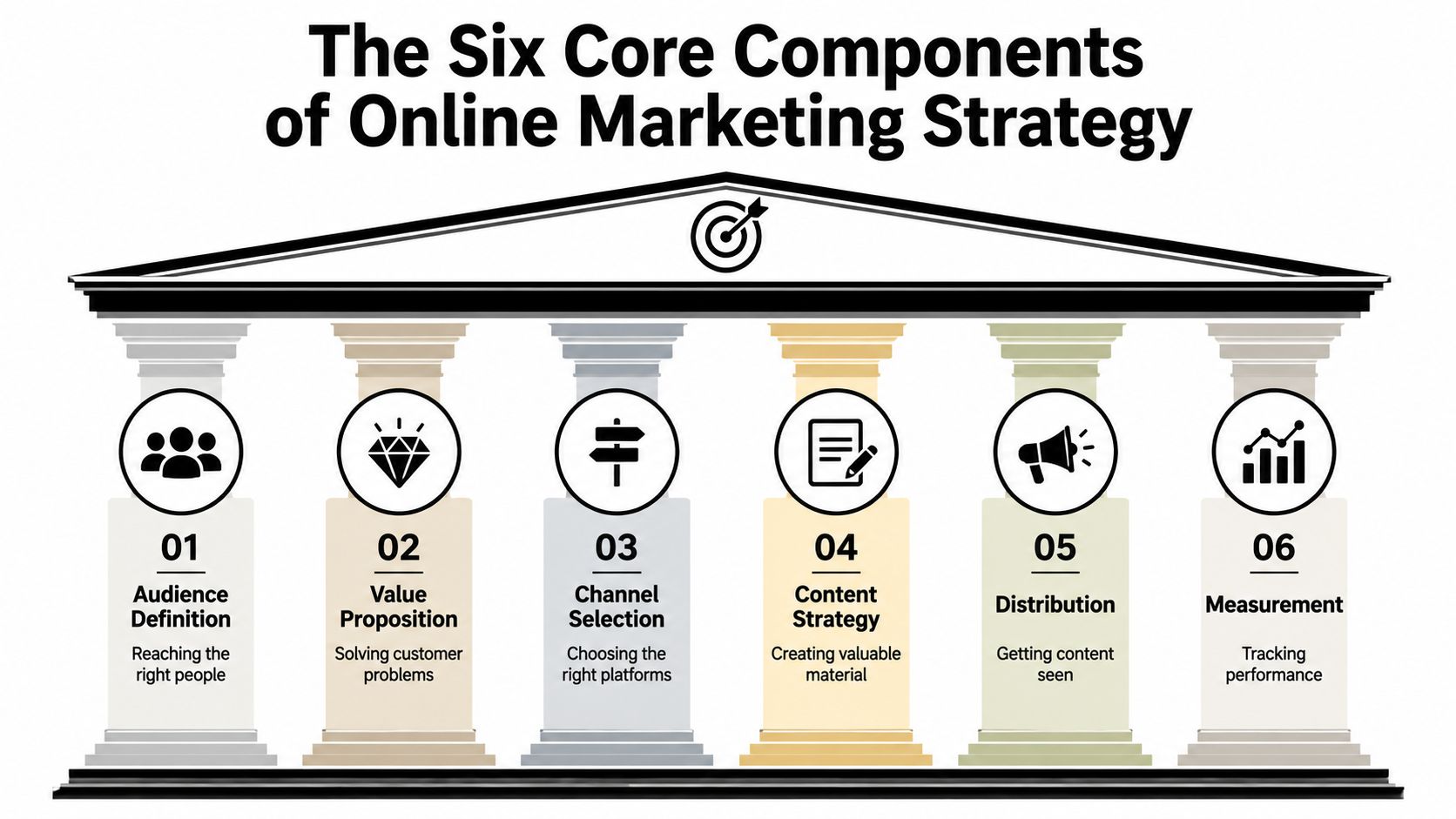 A diagram illustrating the six core components of an online marketing strategy including audience, value, channels, and measurement.