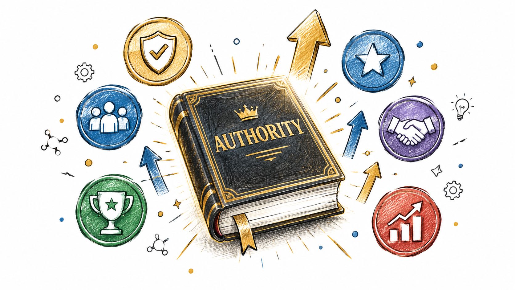 An illustration of a book titled Authority surrounded by icons representing business growth, teamwork, and success symbols.