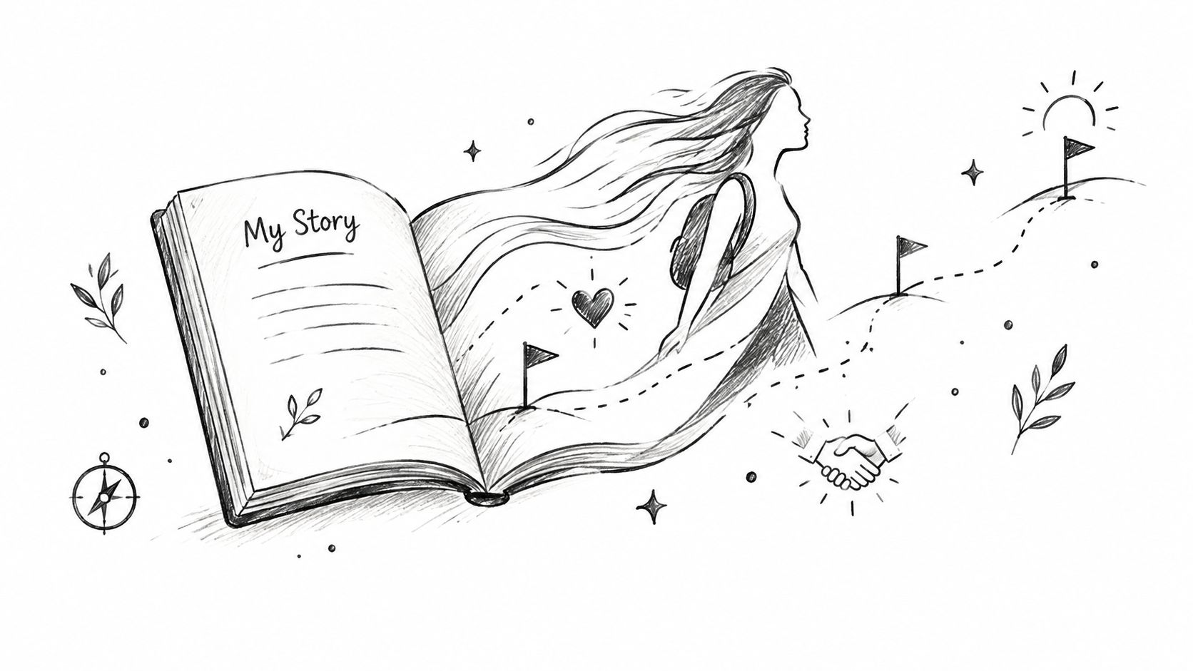 A pencil sketch shows a woman walking from an open book representing her life story towards goals.
