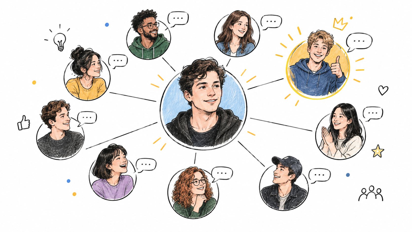 A digital illustration showing a central male figure connected to various diverse people in circular portraits.