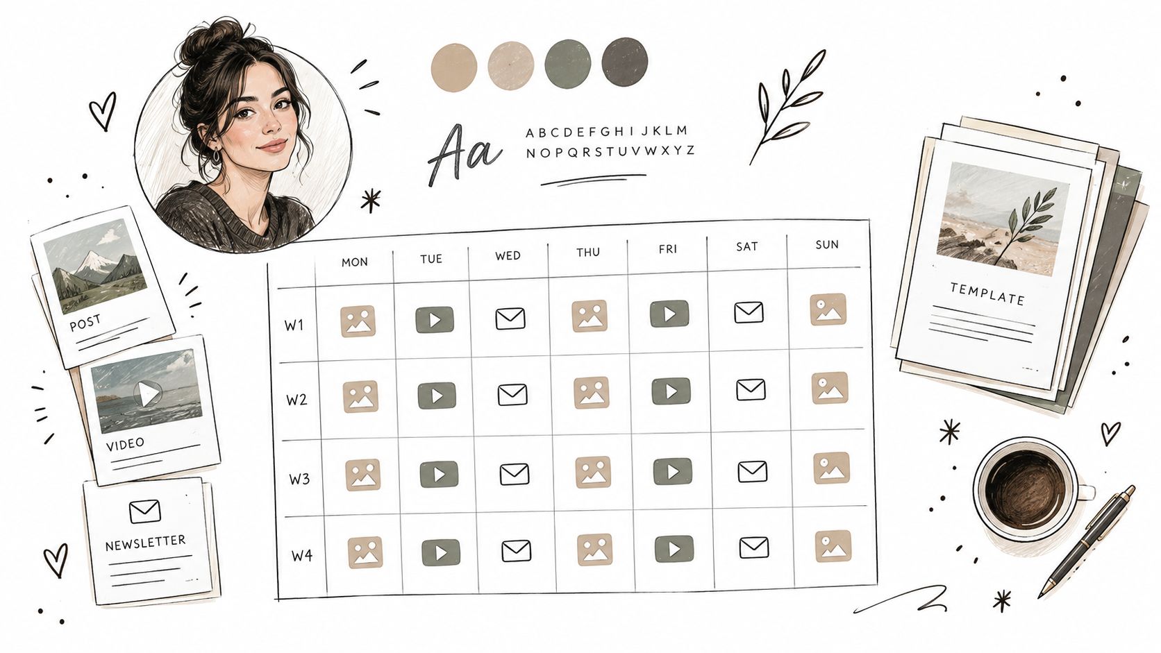 A creative personal branding planner layout featuring a woman illustration, a weekly content calendar, and stationary icons.