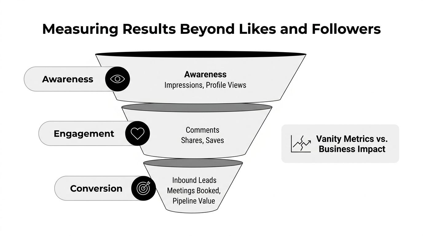A marketing funnel diagram showing the transition from social media metrics to business impact results.